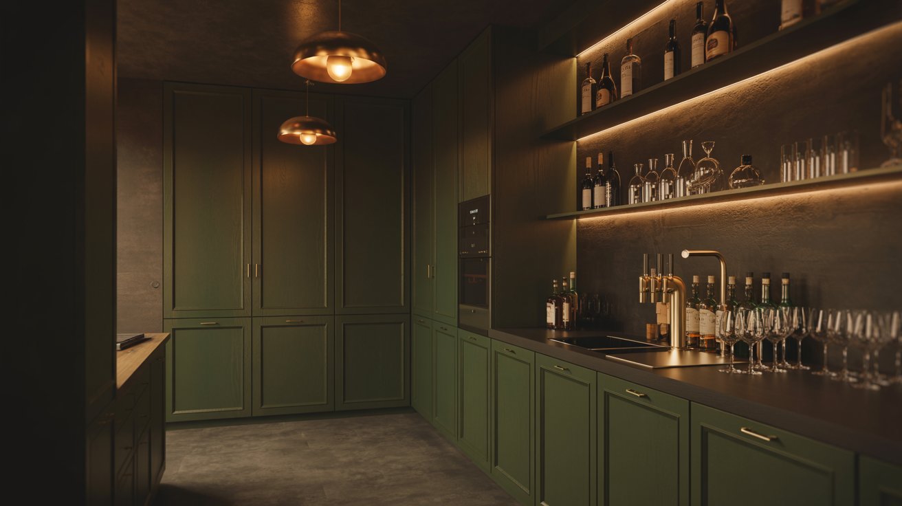 "Luxury basement bar with dark green cabinetry, gold accents, warm lighting, and elegant shelving in a high-end home design"