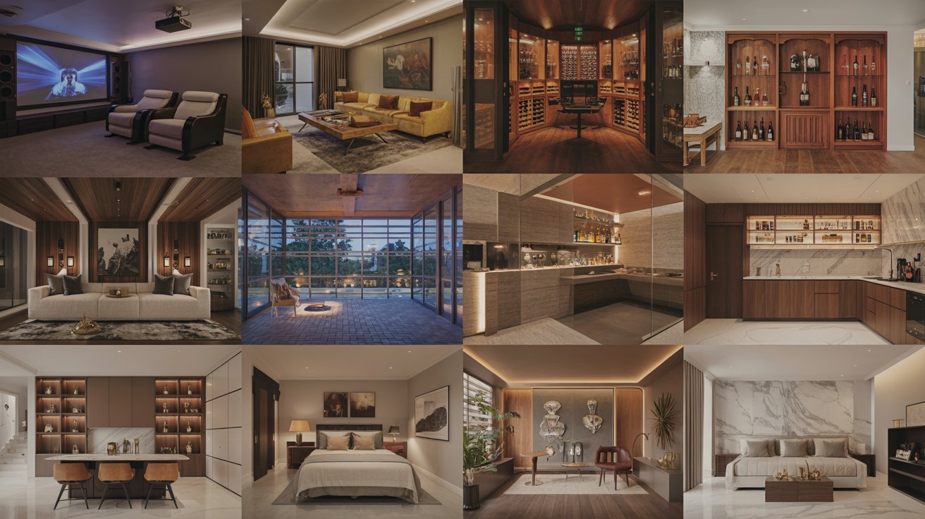 "Collage of luxury basement designs featuring home cinema, spa, bar, guest