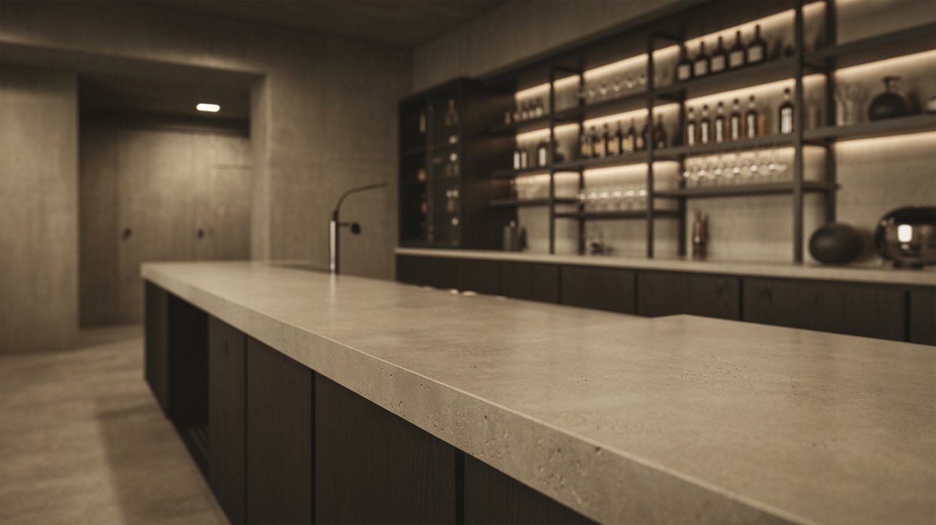 "Industrial basement bar with concrete-finish countertop, black metal shelving, and warm ambient lighting in a modern minimalist home design"