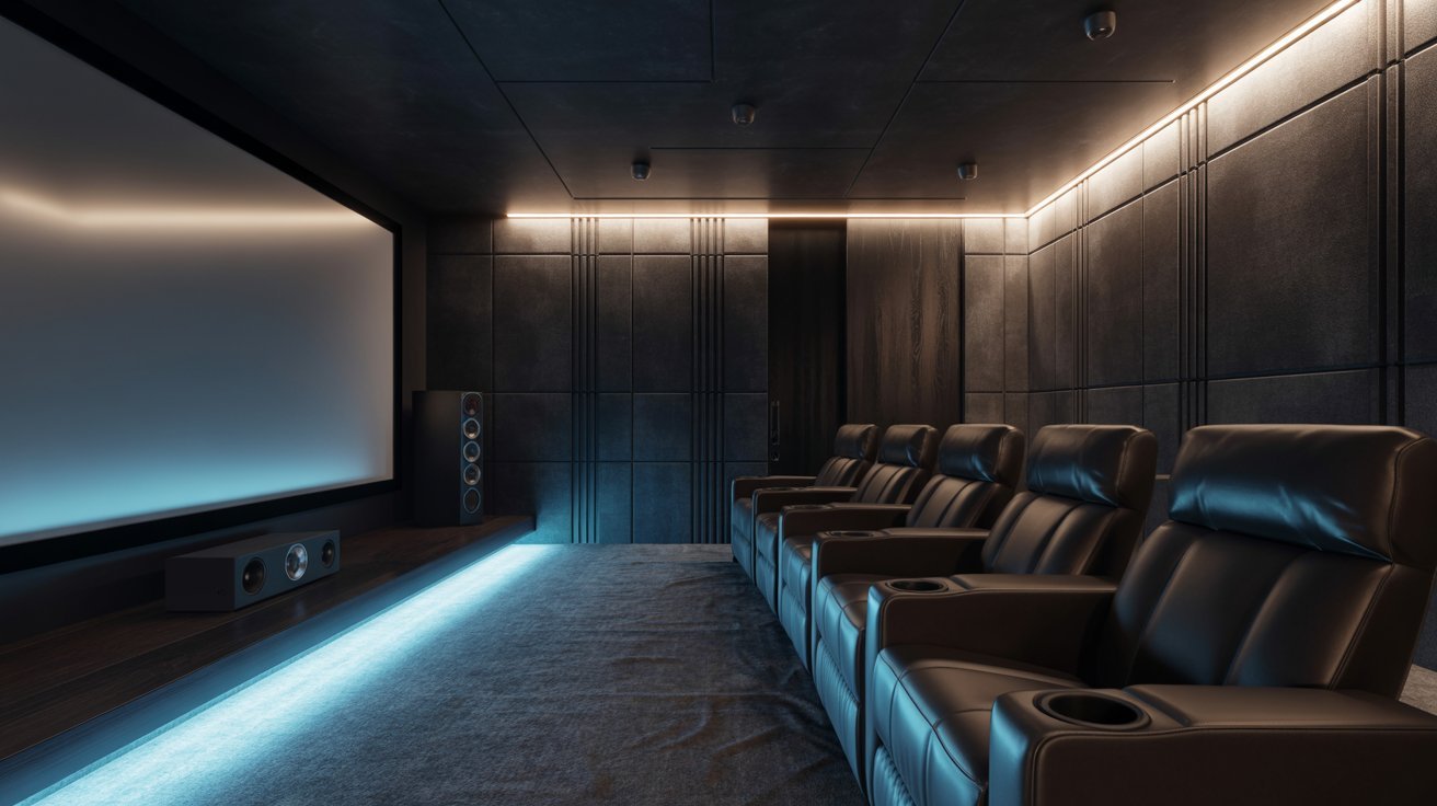 "Modern basement home theater with recliner seating, LED strip lighting, projection screen, and cinematic interior design."