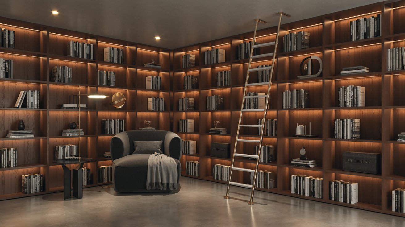 "Modern basement home library with floor-to-ceiling bookshelves, reading chair, and warm cozy lighting."