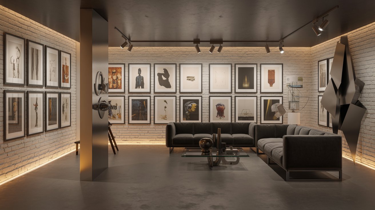 "Modern basement gallery wall with framed artwork, accent lighting, and stylish contemporary interior design."