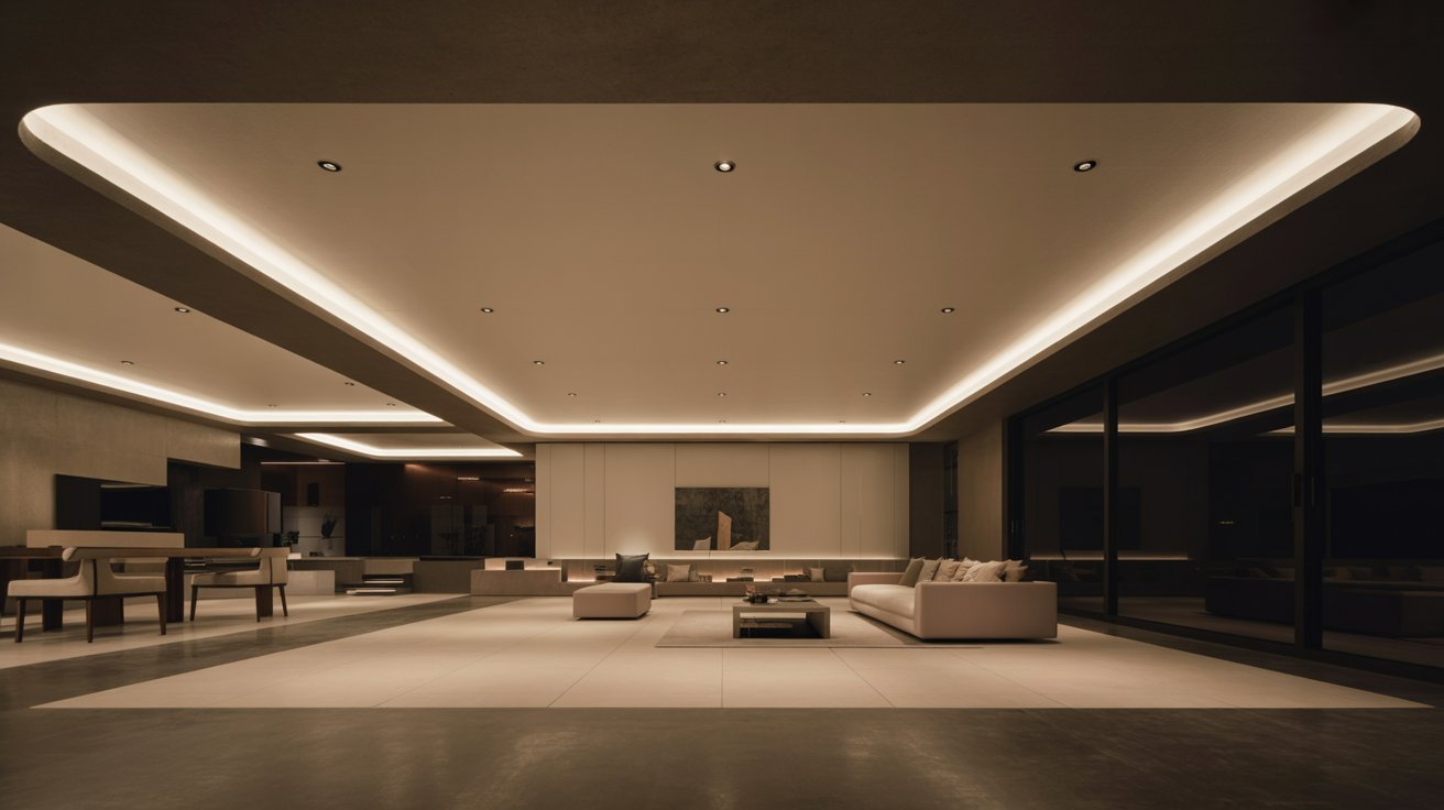 "Modern basement with ceiling LED grid lighting, even illumination, and clean contemporary interior design."
