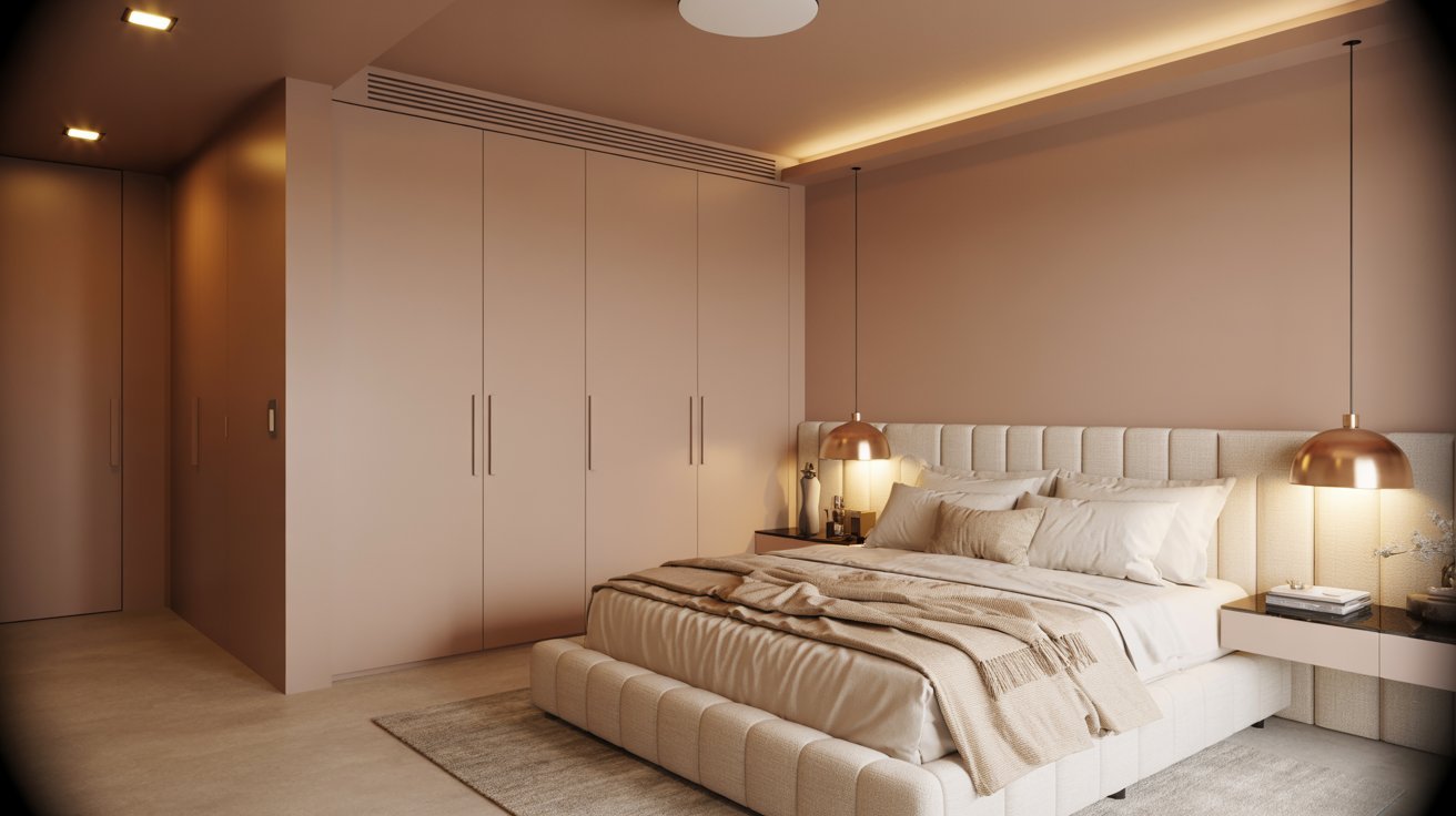 "Neutral-tone modern basement guest bedroom with cozy bed, soft lighting, built-in storage, and elegant contemporary decor."