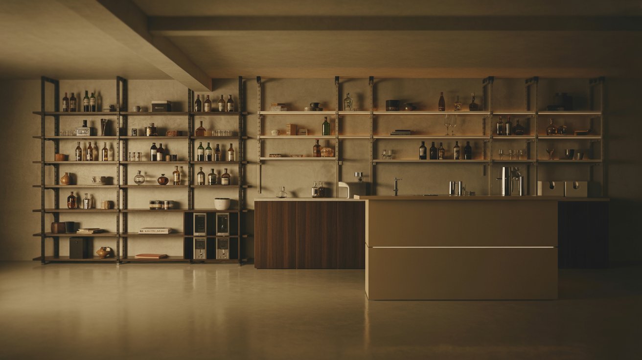 "Modular shelving basement bar with adjustable storage units, neatly arranged bottles, and warm ambient lighting in a modern flexible home design"