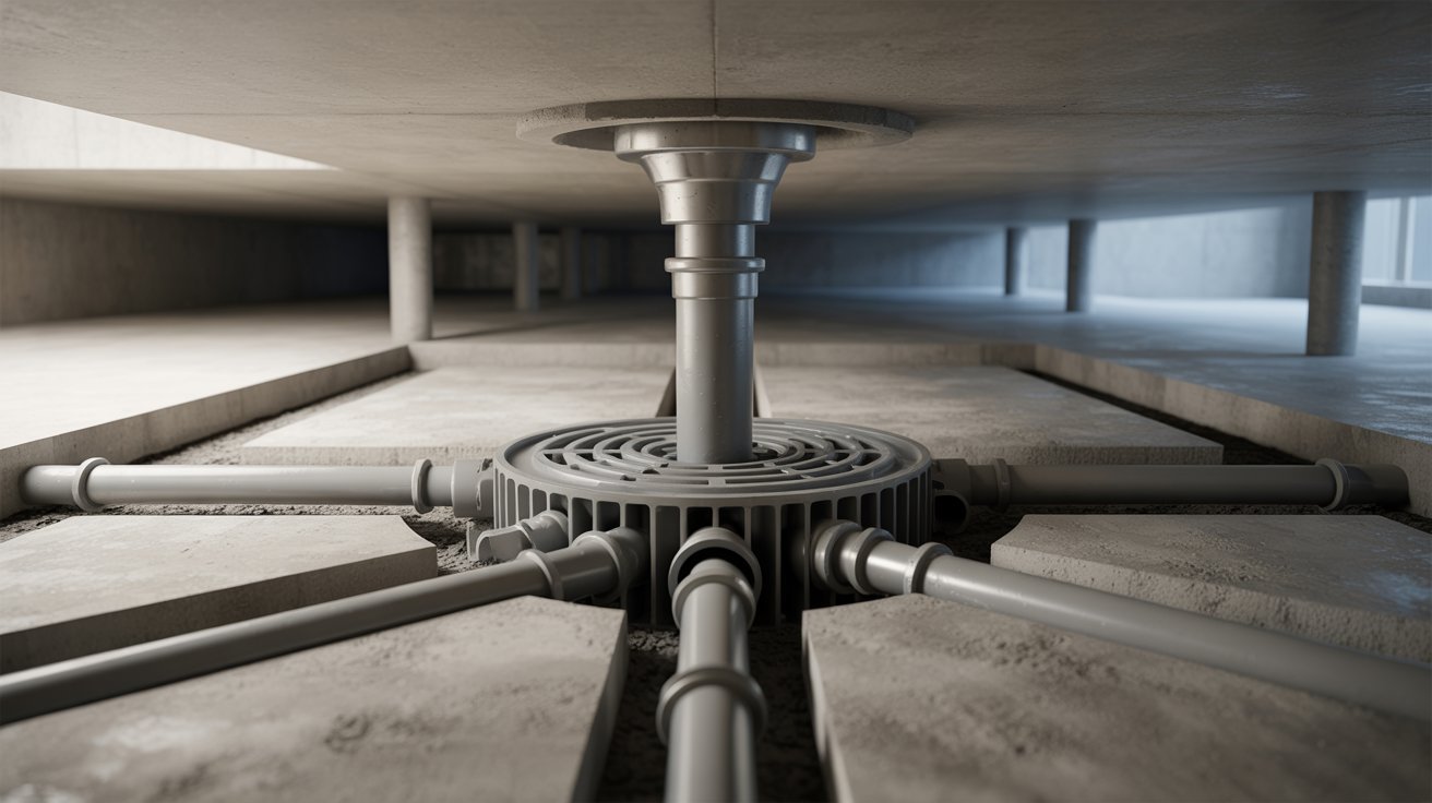 "Cutaway basement hub drain system showing multiple drainage pipes converging into a central collector drain in concrete floor."