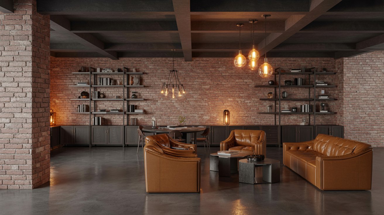 "Industrial chic basement with exposed brick walls, metal shelving, concrete floors, and Edison bulb lighting."