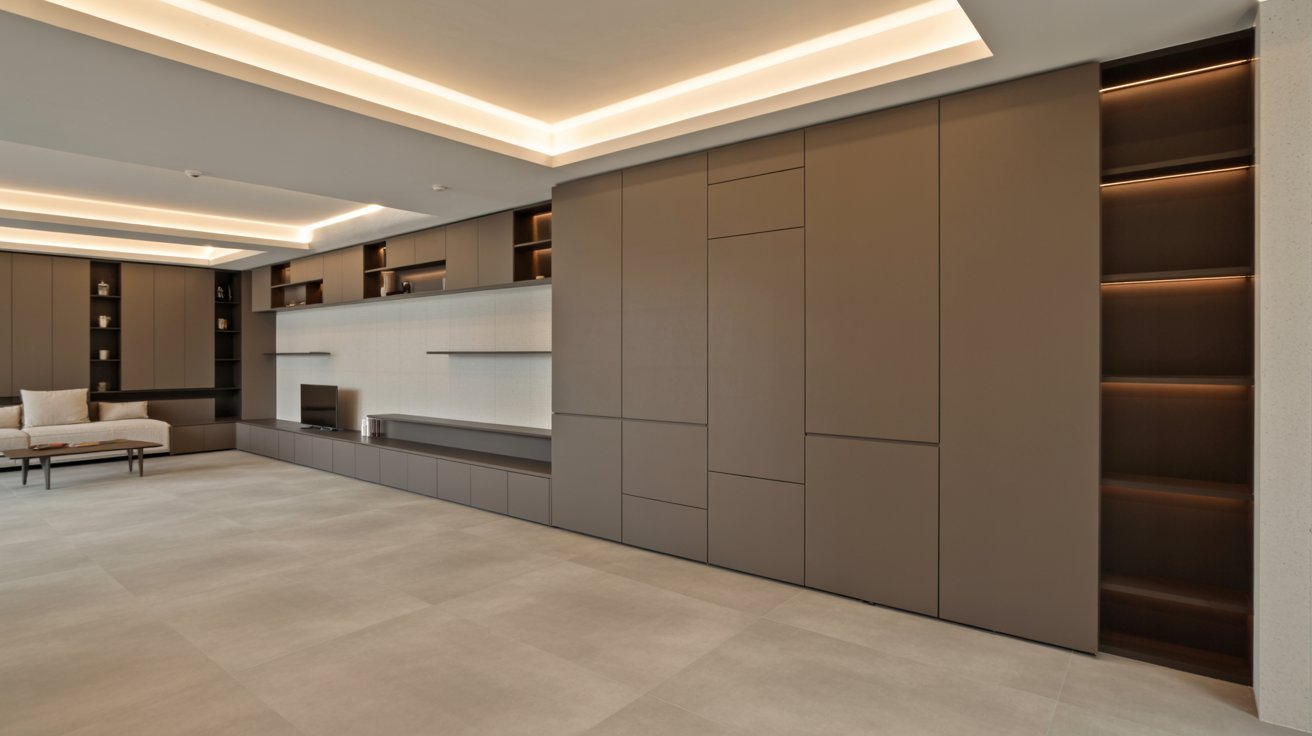 "Modern basement with hidden storage walls, built-in cabinetry, and sleek clutter-free contemporary design."