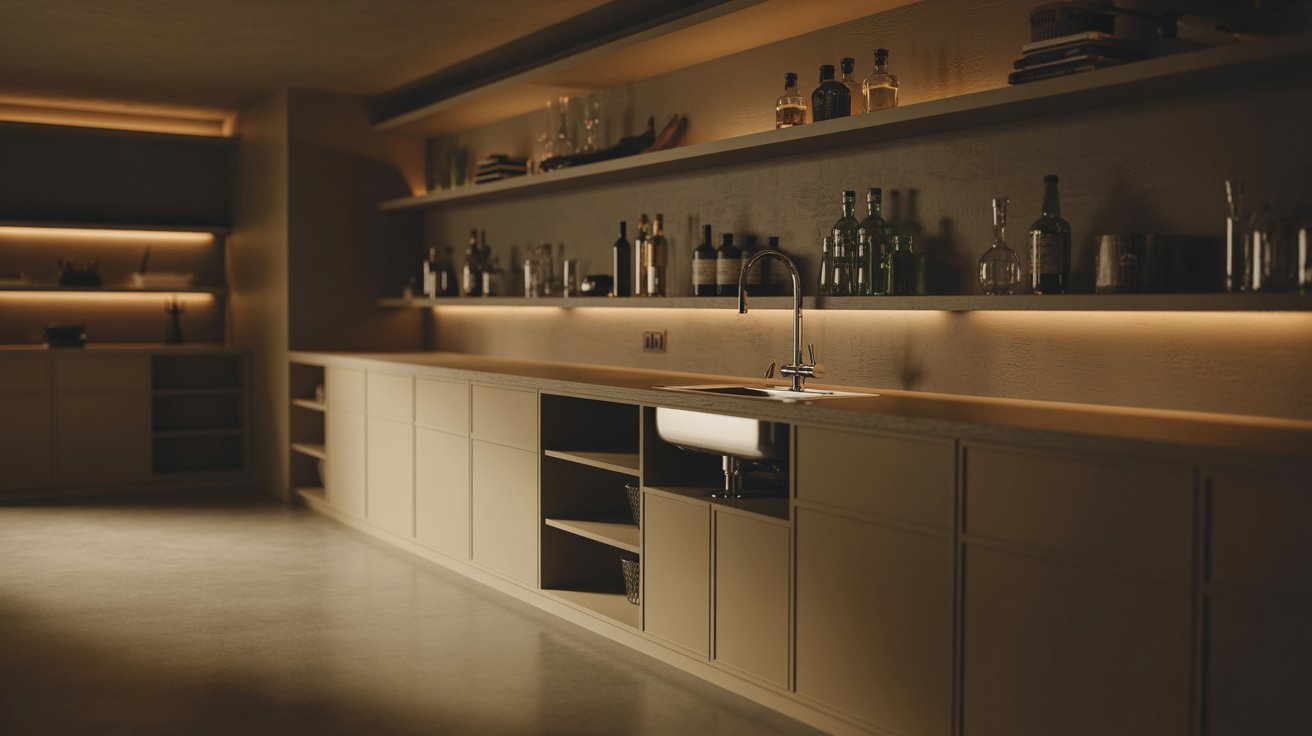 "Basement wet bar with built-in sink and faucet, modern countertop, and organized shelving in a functional home bar design"
