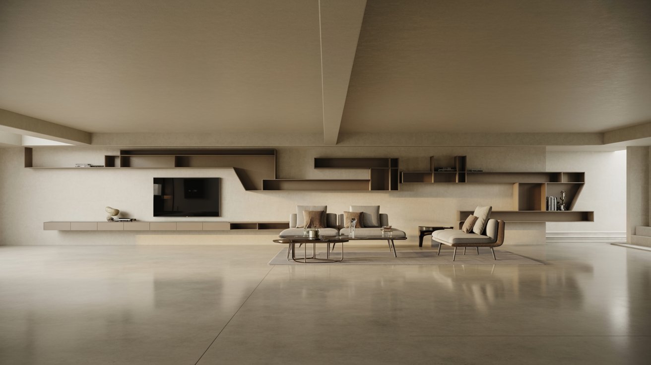 "Contemporary basement with floating furniture, wall-mounted shelving, and airy modern interior design."