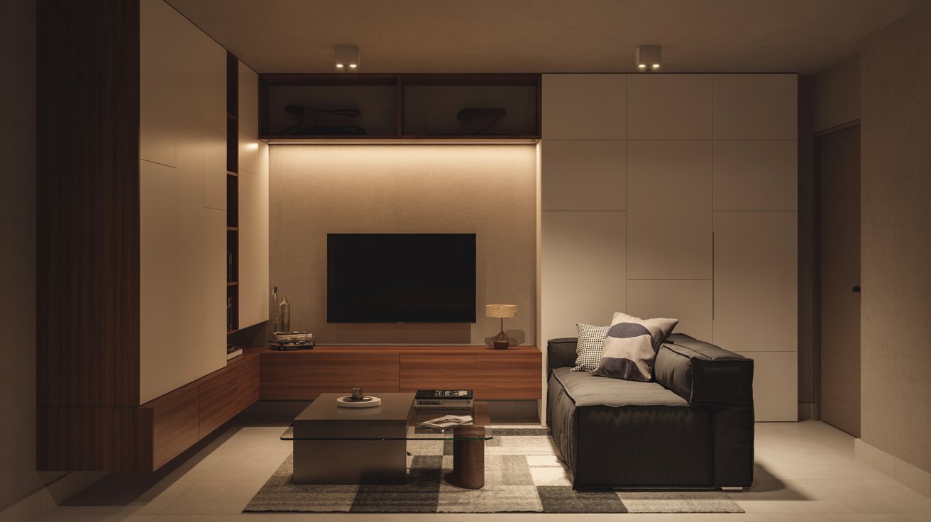 "Compact modern basement entertainment area with wall-mounted TV, cozy sectional seating, and efficient contemporary layout."