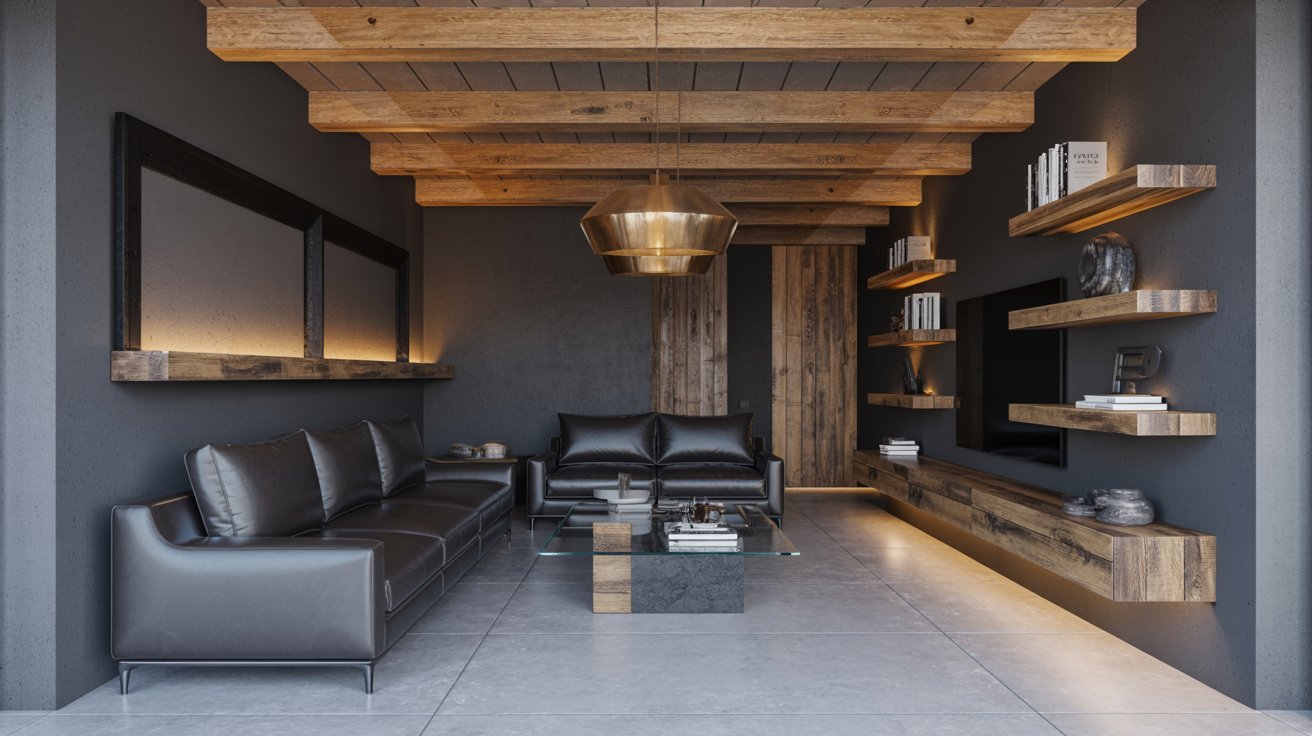 "Modern rustic basement with reclaimed wood, concrete walls, exposed beams, and contemporary furniture design."