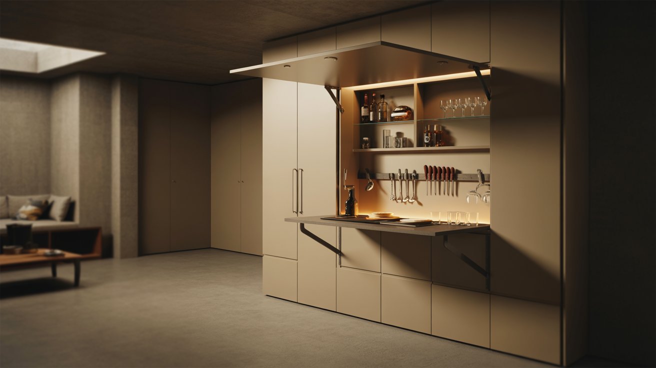 "Fold-in wall mini basement bar with wall-mounted folding counter, compact storage, and modern space-saving design in a clean home interior"