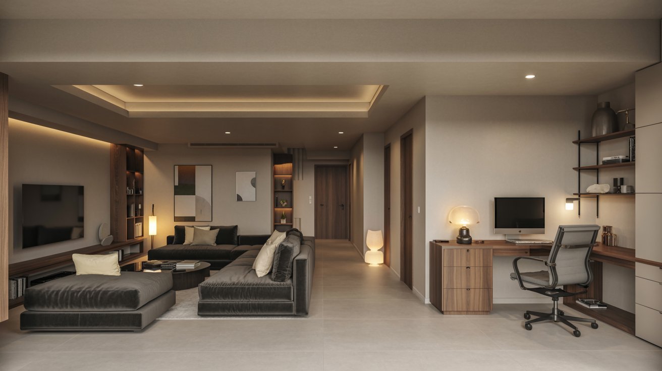 "Modern basement design with layered lighting, contemporary furniture, open layout, and stylish multifunctional living areas."