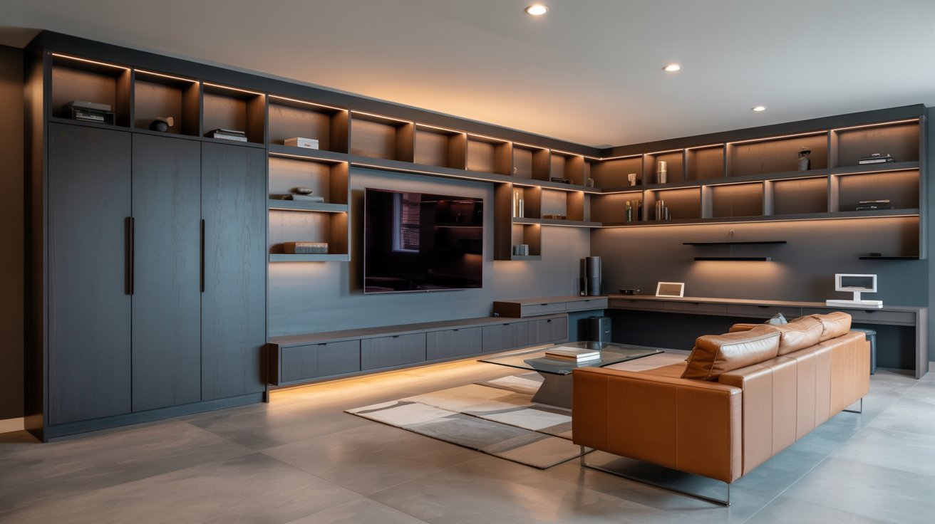 "Modern basement with built-in wall storage units, custom cabinetry, and sleek space-saving contemporary design."