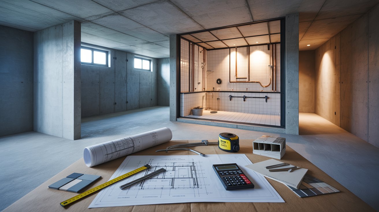 "Unfinished basement with framed bathroom and exposed plumbing showing renovation budgeting tools like blueprints calculator and material samples for cost estimation of basement finishing"