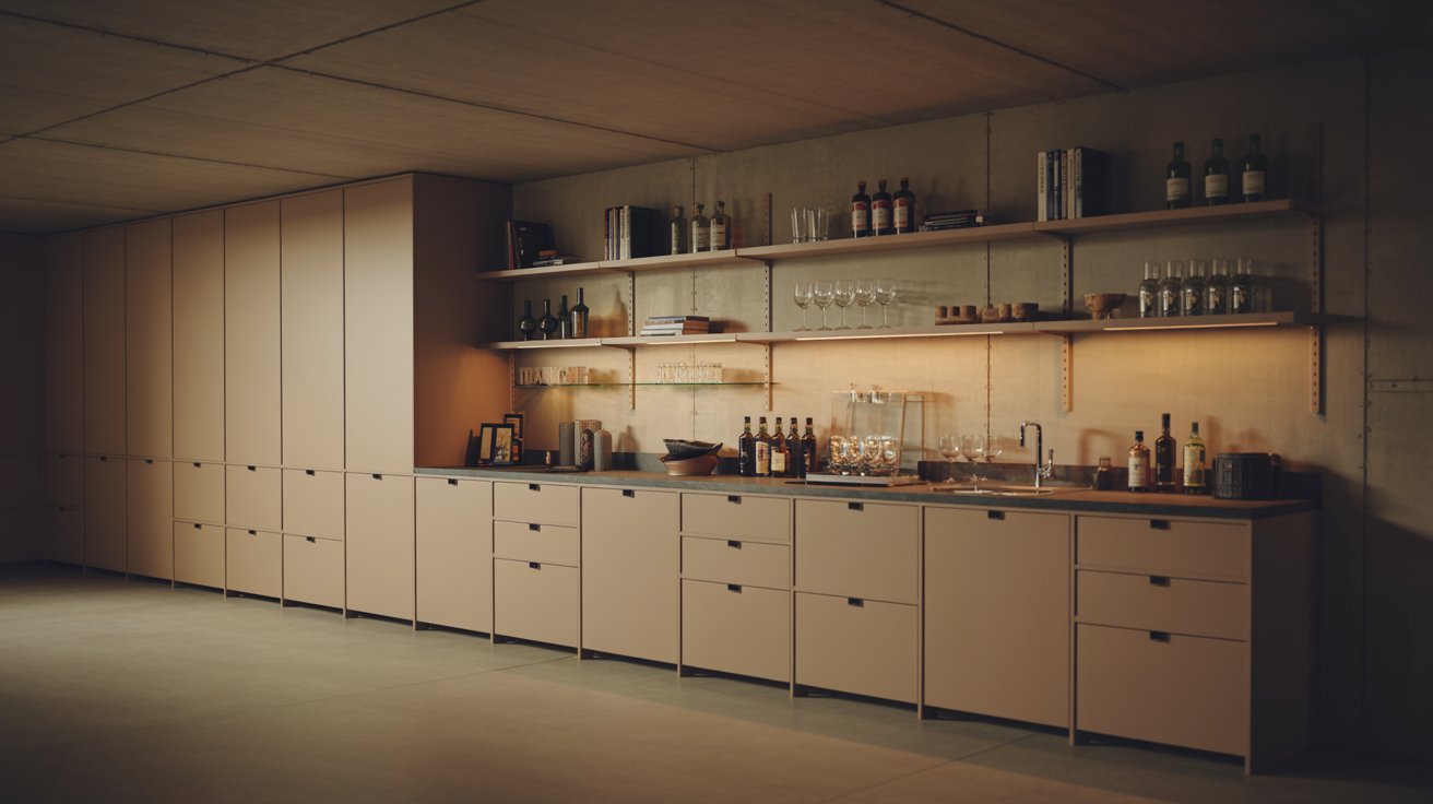 "IKEA hack basement bar with customized cabinets, modern countertop, and warm lighting in a budget-friendly stylish home design"