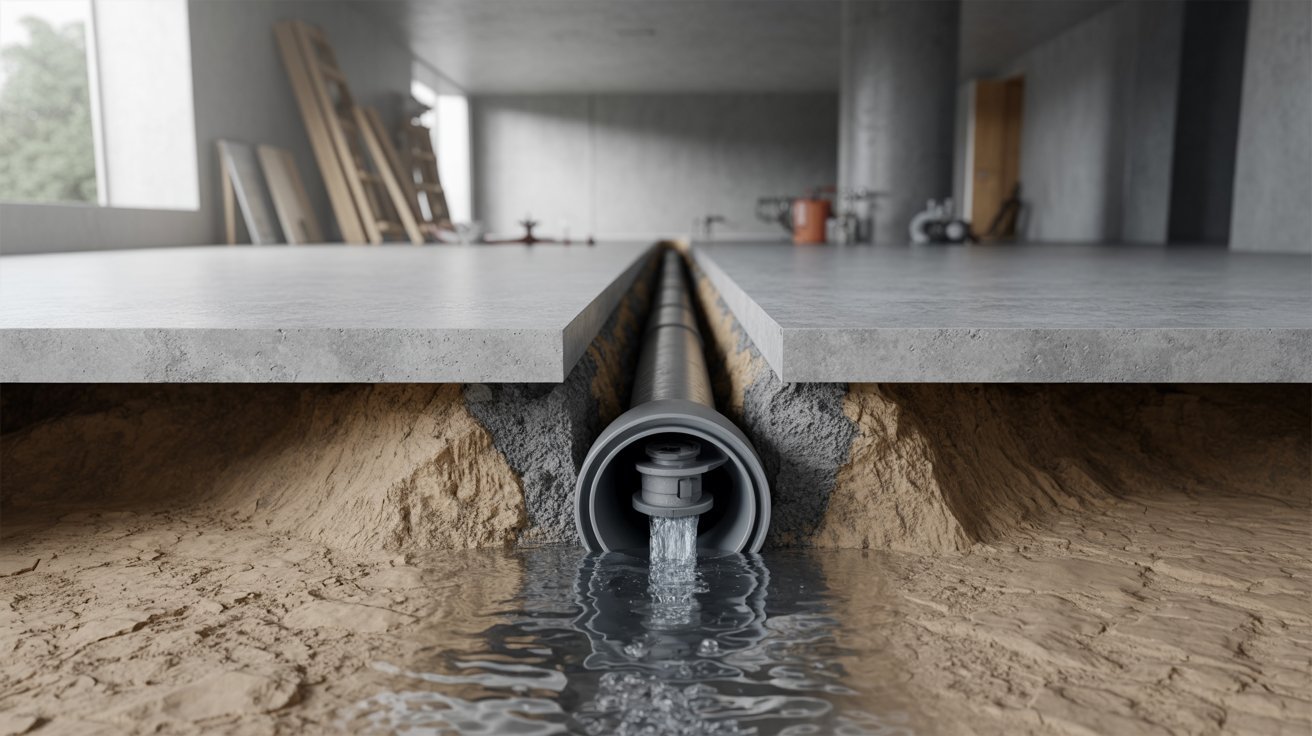 "Cutaway basement floor showing backwater valve drain system blocking reverse sewage flow in underground plumbing pipe."