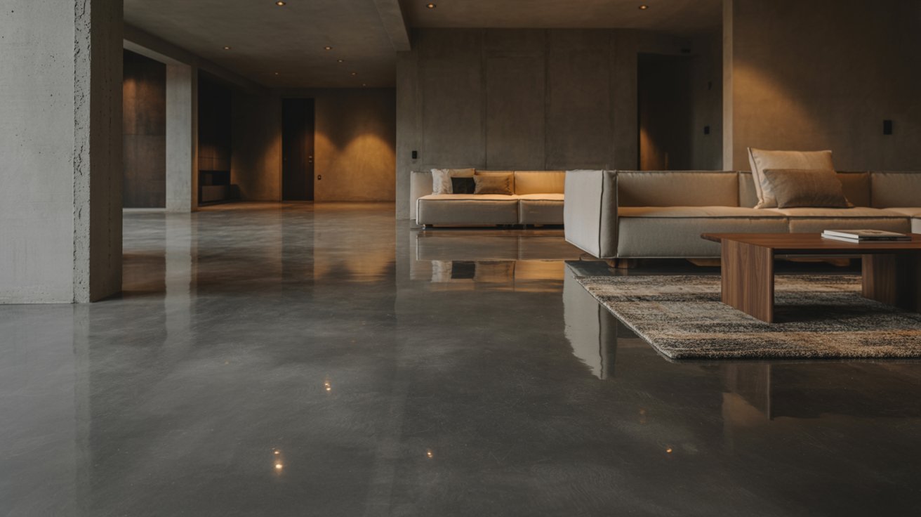 "Minimalist basement with polished concrete floors, muted tones, and modern urban-inspired interior design."