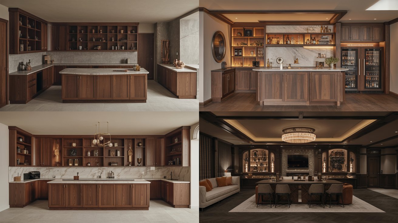 "Collage of premium basement bar ideas featuring fully customized designer bar and luxury signature home bar installation in high-end modern interiors"