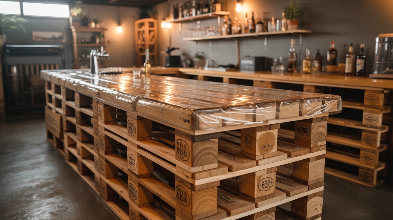 "DIY pallet wood basement bar counter with rustic stained finish, warm lighting, and simple budget-friendly home bar design"