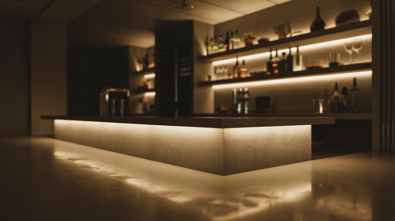 "Basement bar with LED strip under-counter lighting creating a floating modern effect with warm ambient glow in a sleek home design"