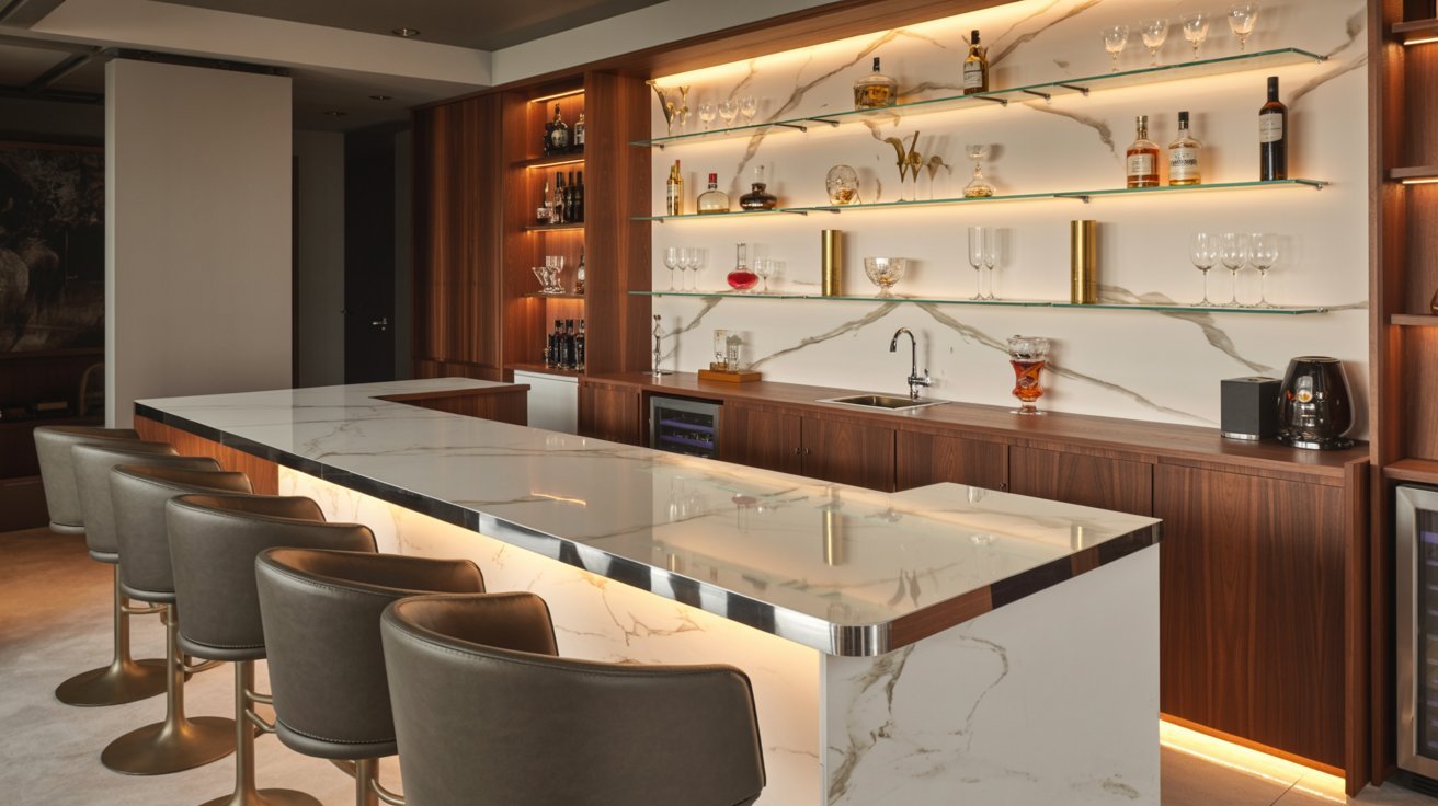 "Luxury basement bar with marble countertops, backlit shelves, stylish seating, and modern entertainment design."