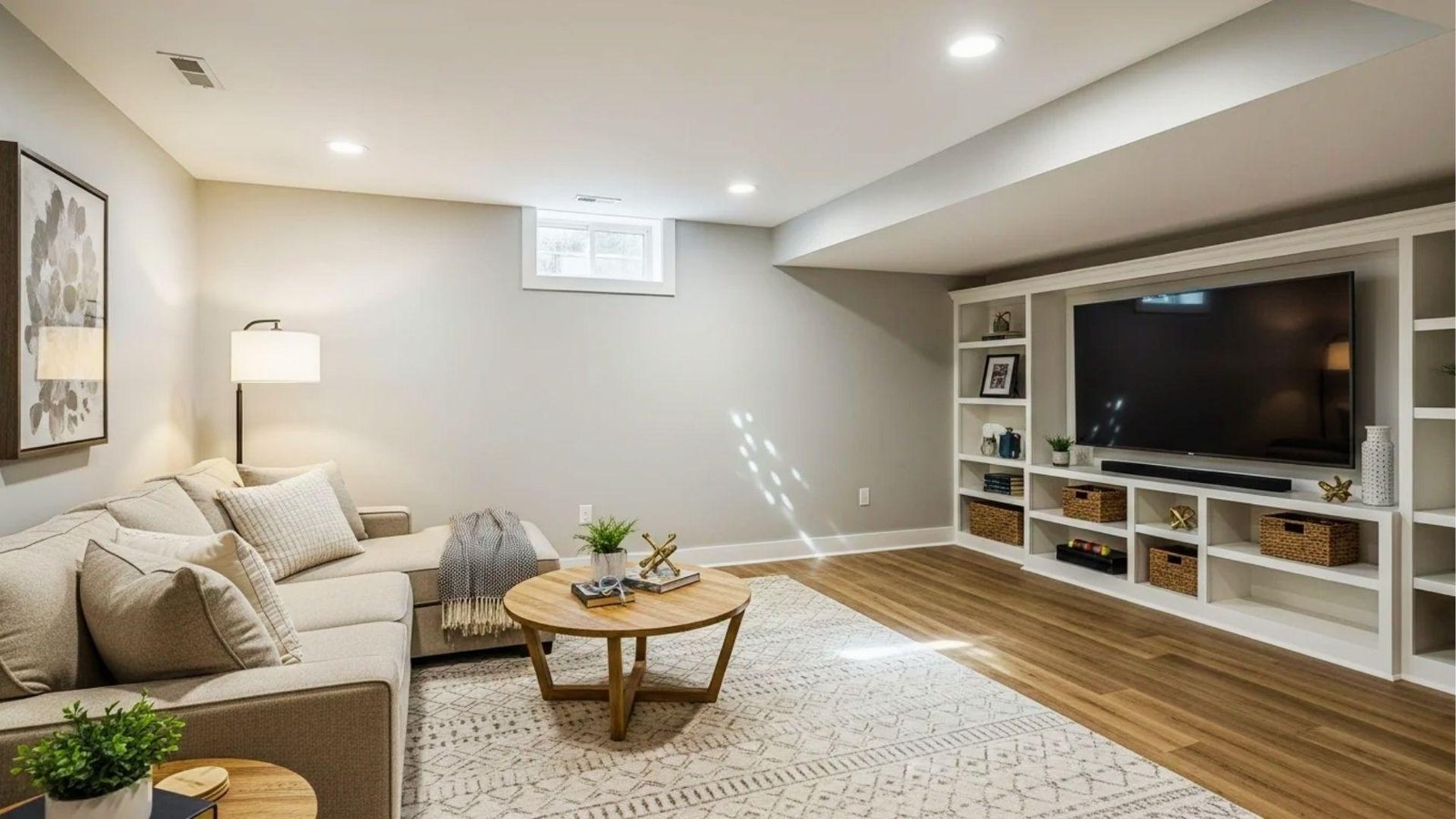 Bright finished basement family room with sectional sofa, TV built-ins, and wood floors reflecting average basement finishing cost upgrades.