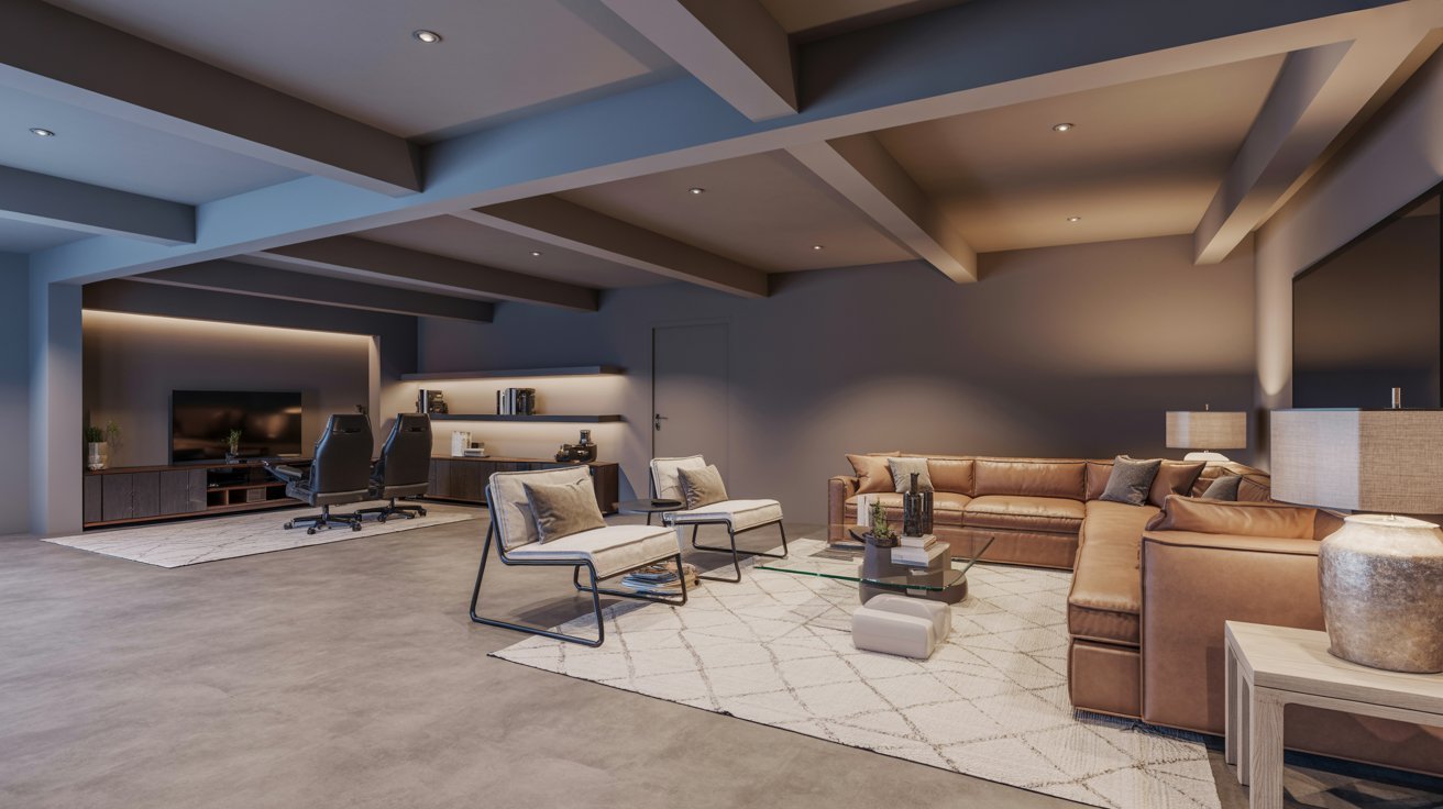 "Open-concept modern basement living room with cozy seating, entertainment space, and stylish family-friendly layout."