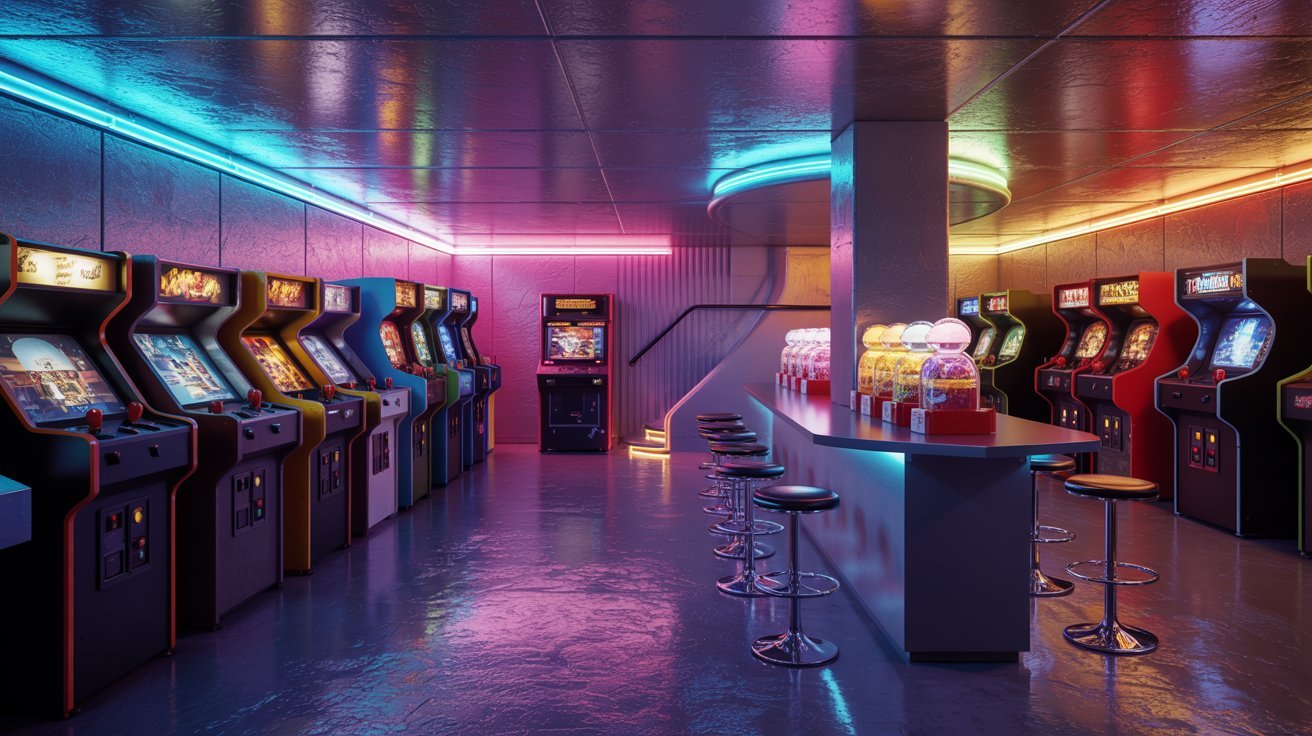"Modern basement arcade gaming room with arcade machines, neon lighting, and nostalgic entertainment design."