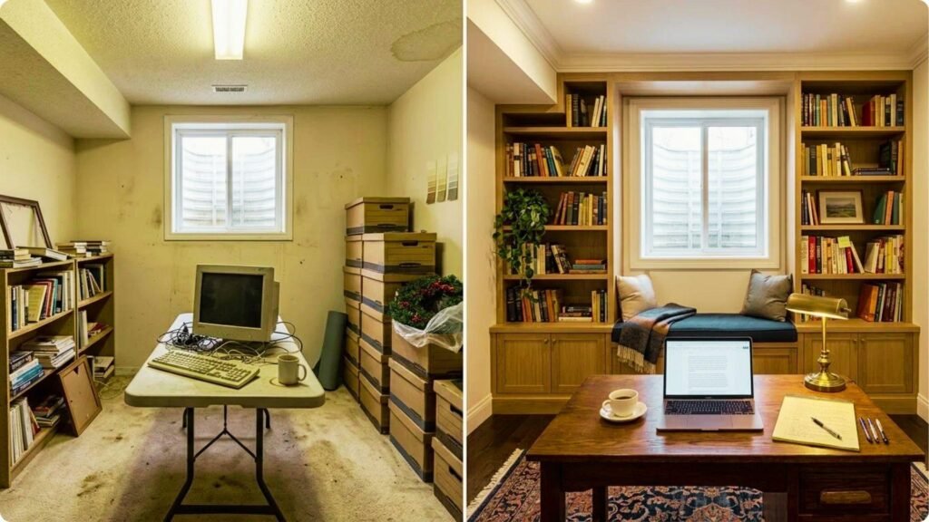 Before and after a cramped basement office turned into a cozy library nook with built-in shelves and window seat.