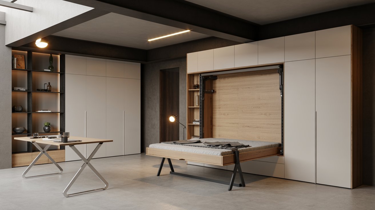 "Modern basement with foldable furniture, Murphy bed, and space-saving multifunctional design."