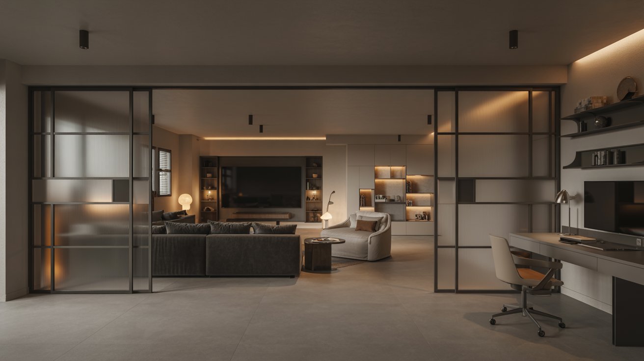 "Modern multi-zone basement with sliding partitions, entertainment lounge, workspace, and flexible contemporary layout."