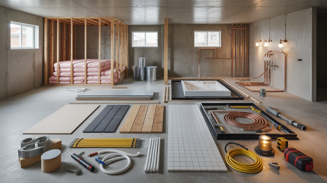 "Unfinished basement interior showing separate zones for framing flooring plumbing electrical and bathroom installation materials representing detailed cost breakdown of finishing a basement with bathroom"