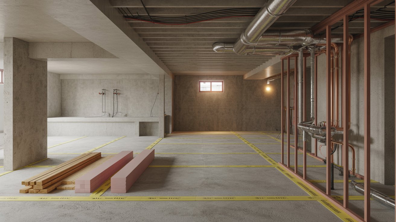 "Unfinished basement showing framed bathroom plumbing electrical wiring HVAC ducts and layout markings representing key factors affecting basement finishing costs"