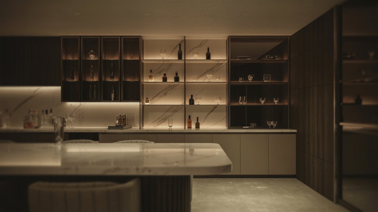 "Luxury basement bar with white marble countertop, elegant shelving, and warm ambient lighting in a modern upscale home design"