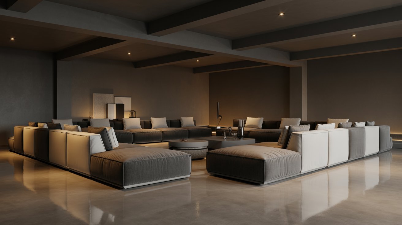 "Modern basement lounge with modular sofas, open layout, and cozy contemporary entertainment design."