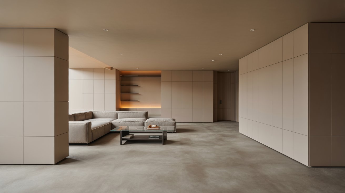 Modern basement design with neutral colors, recessed lighting, built-in storage, and minimalist interior finishes.