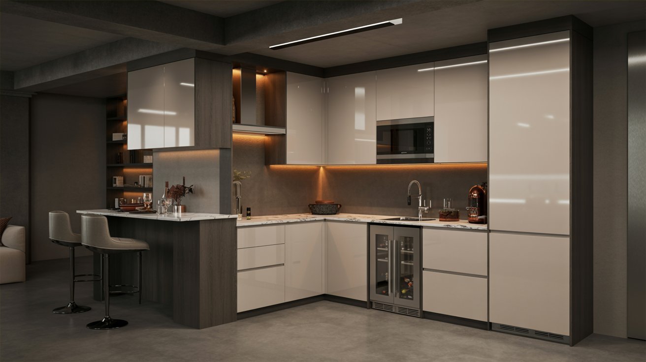 "Modern basement kitchenette with compact appliances, sleek cabinetry, bar seating, and contemporary open design."