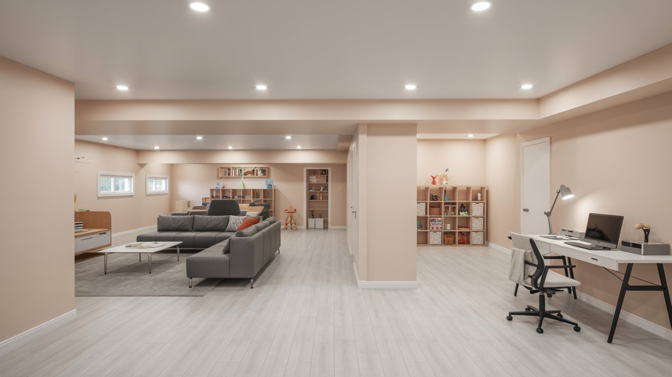 Open-concept basement layout with lounge, workspace, play area, and spacious modern interior design.