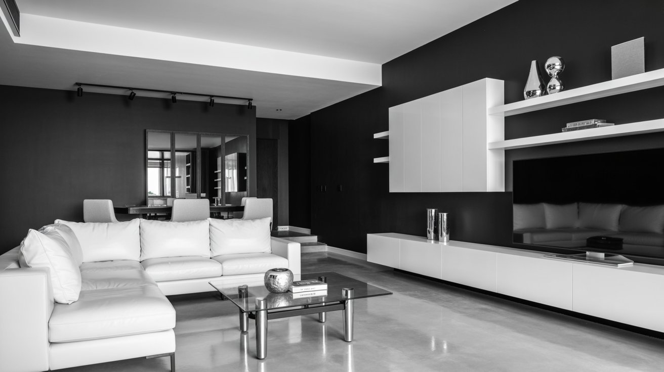 "Black and white modern basement with sleek furniture, bold contrast walls, and minimalist contemporary design."