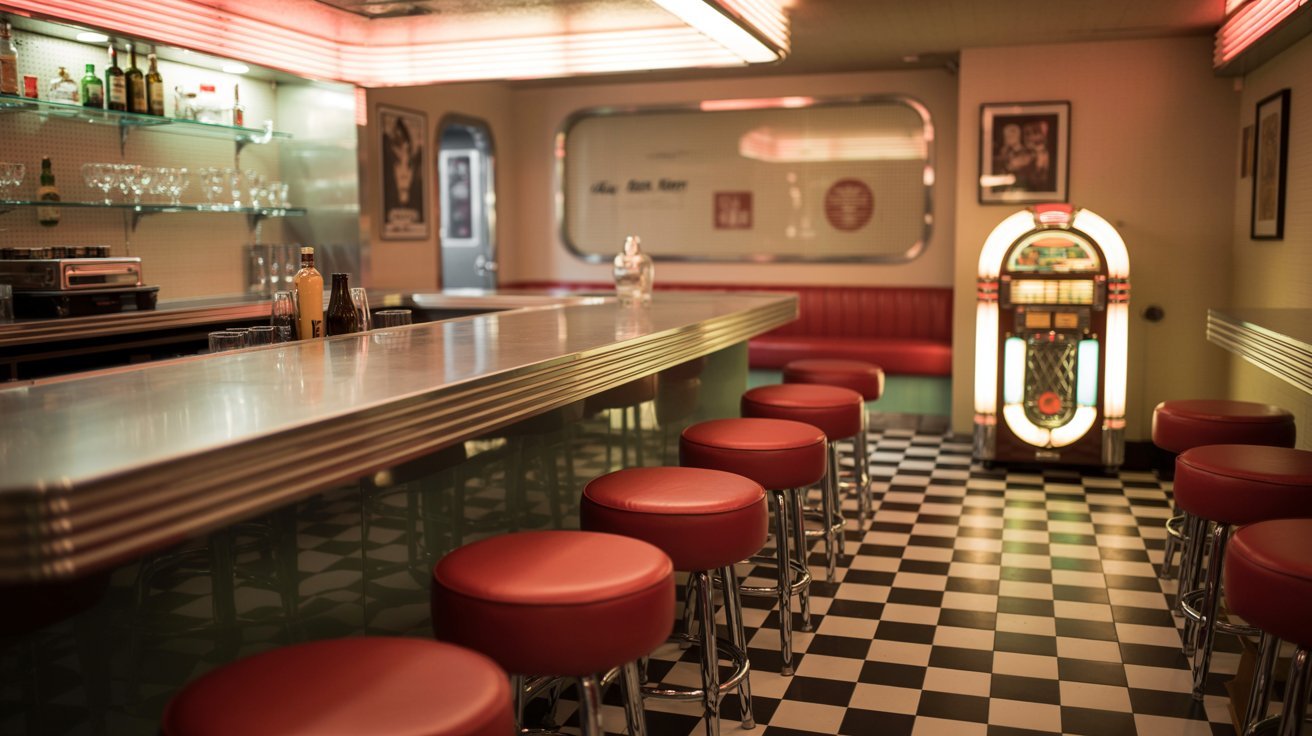 "Retro diner-style basement bar with red stools, checkered flooring, chrome accents, and a vintage jukebox in a nostalgic home design"