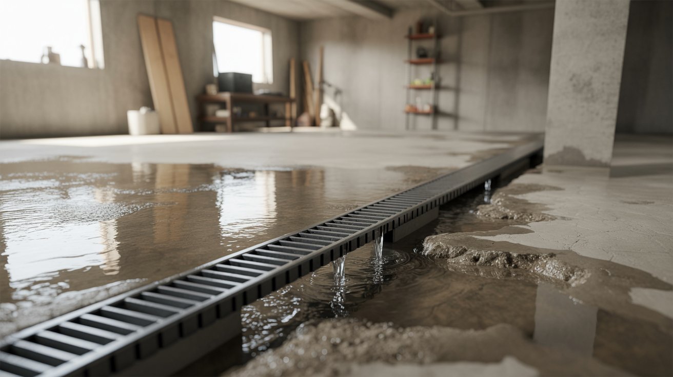 "Basement trench drain along floor edge collecting spreading water into long channel system in garage-style space."